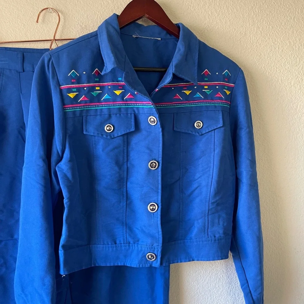 Vintage Royal Blue 2 Piece Set Embroidered Cropped Jacket High Waist Pants‎ M